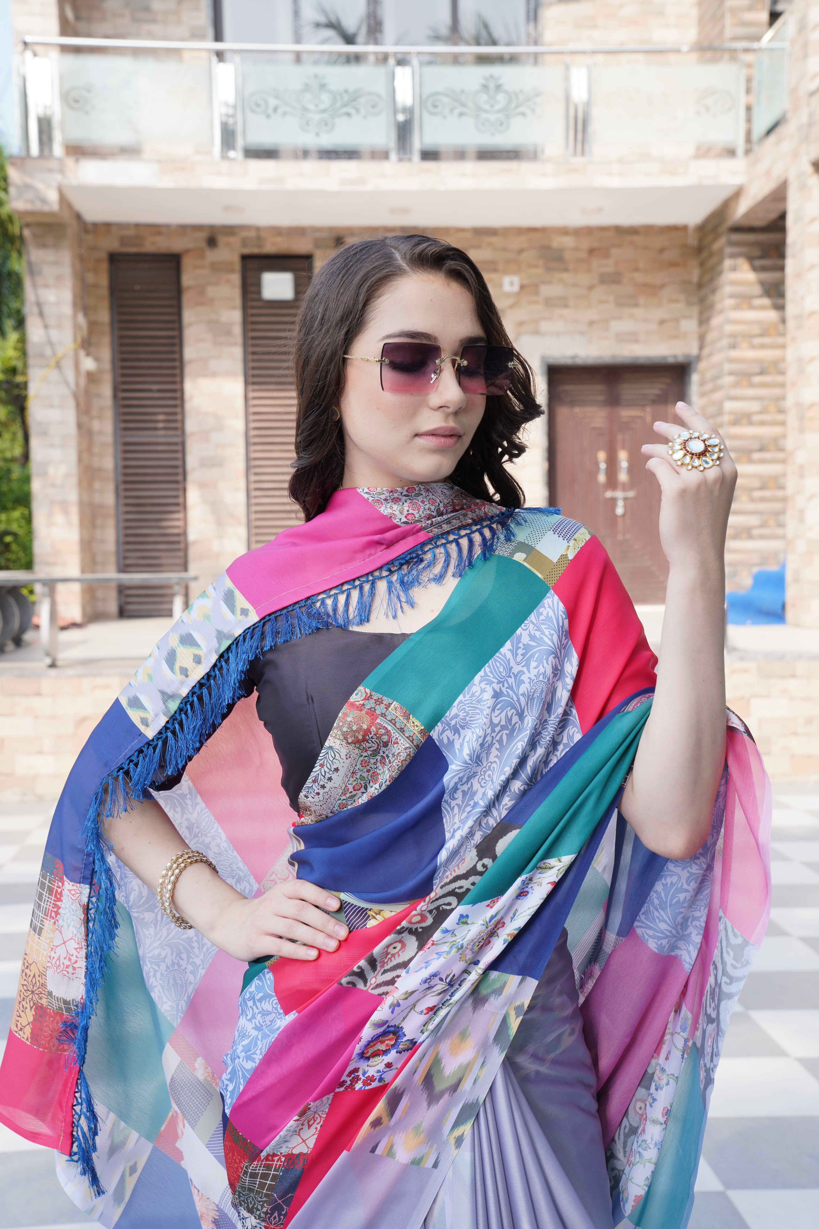Multicolor Colour Block Georgette Saree